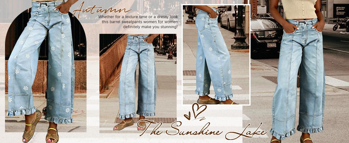 Chouyatou Women's Y2K-Style Casual Printed Jeans Loose Wide-Leg Barrel-Cut Denim Trousers with Pockets and Lace-Trimmed Cuffs Chouyatou Women's Y2K-Style Casual Printed Jeans Loose Wide-Leg Barrel-Cut Denim Trousers with Pockets and Lace-Trimmed Cuffs