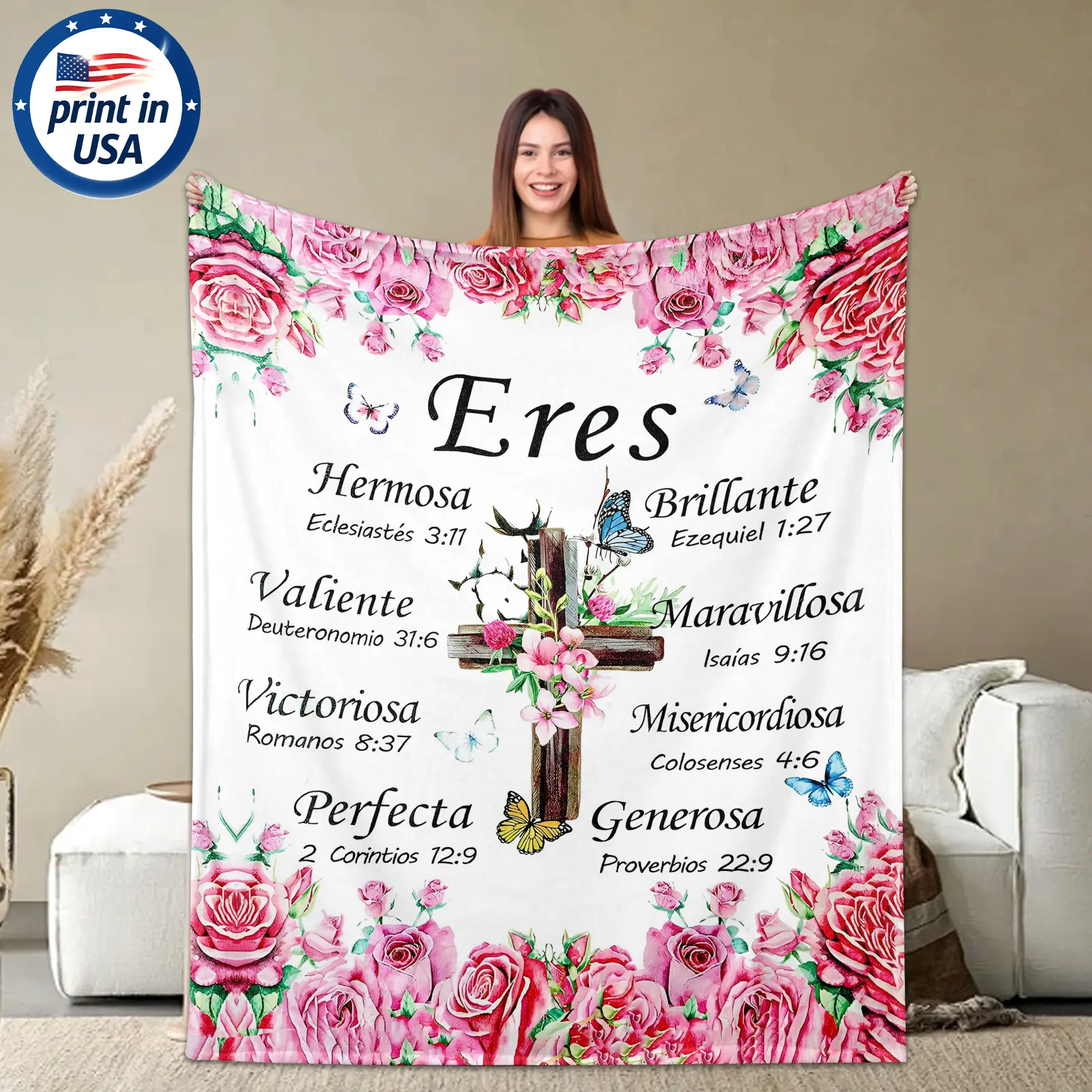 Elegant Floral Cross Spanish Inspirational 280GSM Flannel Throw Blanket, Lightweight Machine-Washable Body-Warming Flower Cross Graphic Blanket for Women, Gift for Home Church Christmas, Flower Blankets, Elegant Floral Blankets