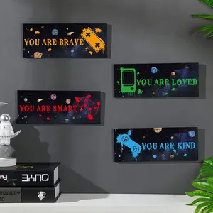 2D Flat 4-Piece Game Decor Set Wooden Wall Art Decoration for Boys, Gaming-Themed Inspirational, Controller and Gamepad Hanging Signs for Kids Rooms