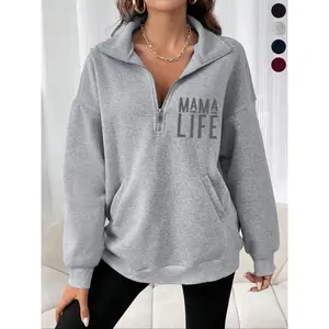 Men's Casual Loose-Fit Hoodie with Letter Print, Half-Zipper Design, Long Sleeve Stand Collar Sweatshirt for Fall & Winter