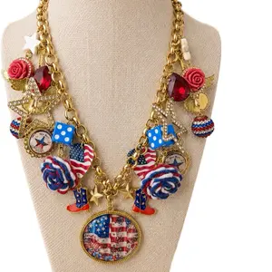 Gypsy South Patriotic Charm Statement Necklace - Red, White, Blue USA-Themed with Boots and Guitar Accents
