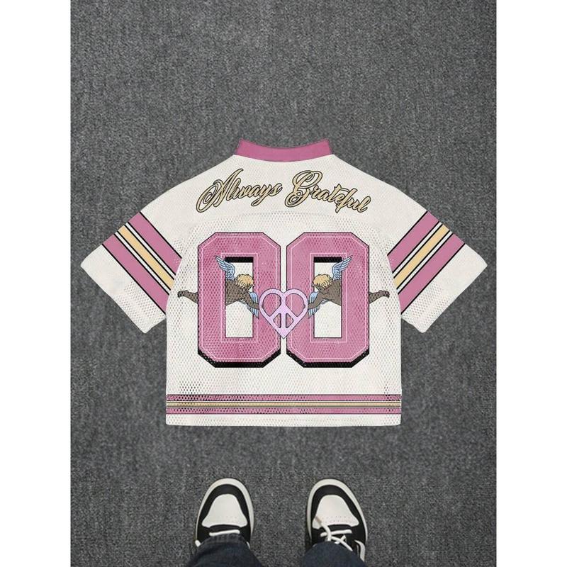 Noixe Men's Letter & Angel Print V-Neck Loose Short Sleeve T-Shirt