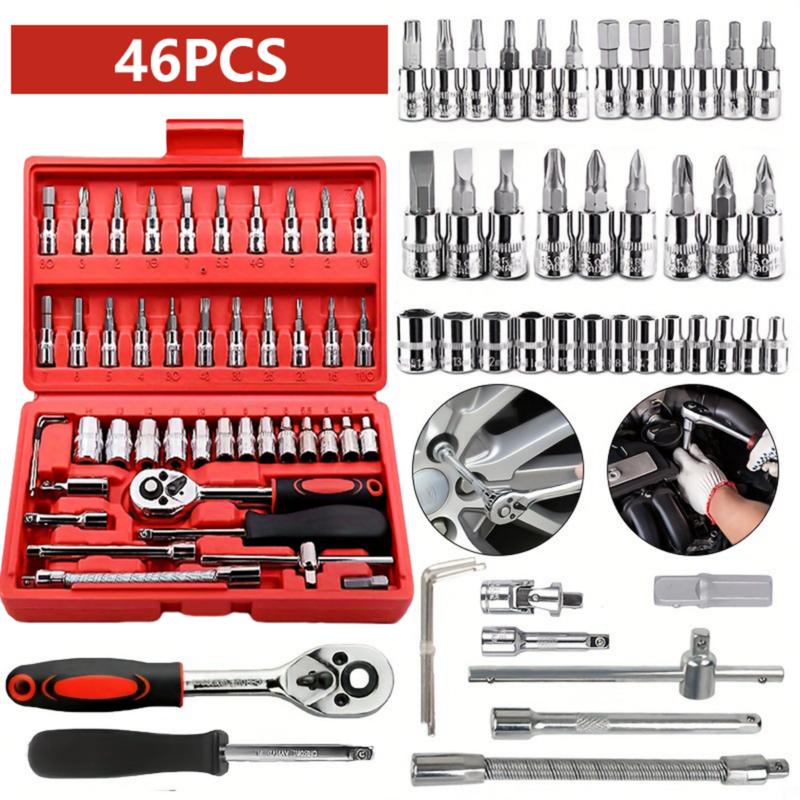 46pcs Car Repair Machinery Tools Set, Household Machinery Tools, Socket Wrench Diy Repair Tool Kit, Ratchet Screwdriver Compatible with Car Repair & Bicycle Repair, Hardware Toolbox Compatible with Auto Repairing, Valentine's Day Gifts for Husband and Man