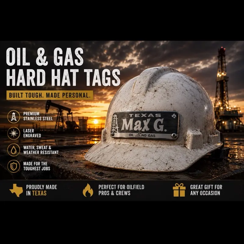 Texas Oil And Gas Name Tag Personalized Hard Hat Name Tag Stainless Steel | Veteran Made Personalized Welder & Refinery Name Tag | Polished Metal Badge for Tradesmen, Linemen & Blue Collar Workers