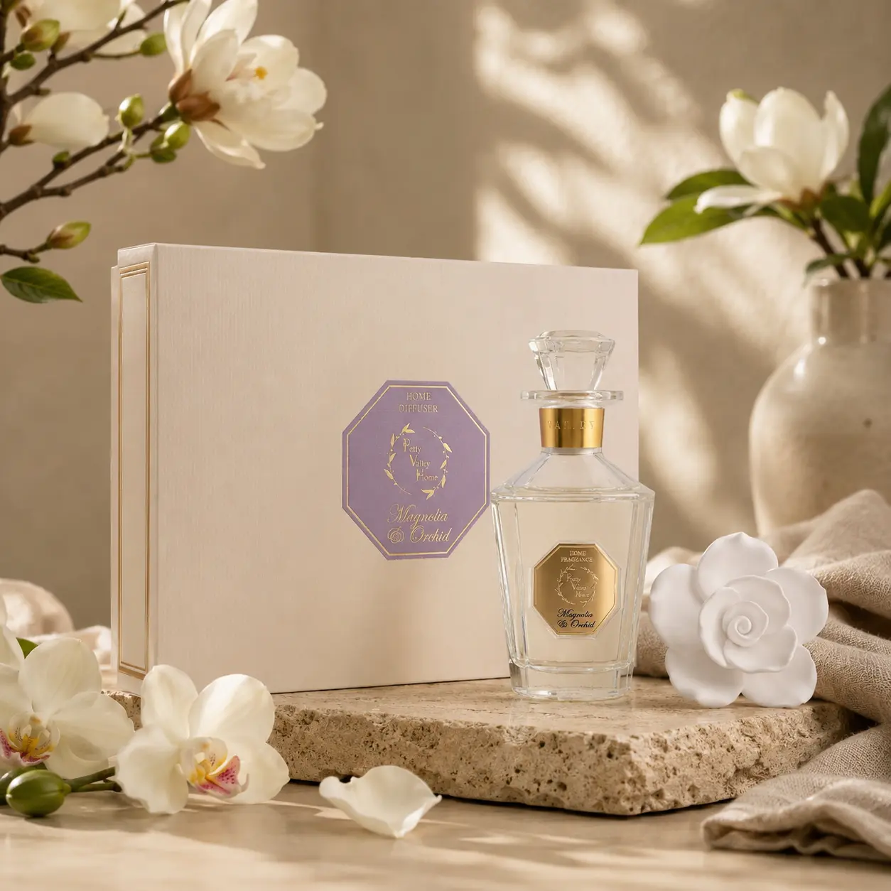 Pretty Valley Home-Reed Diffuser Set,Diffuser Rose Petals Gypsum White Flower Oil 100Ml / 3.38fl OZ Gift Box for Bathroom Office Bathroom Living Room Decor (Magnolia & Orchid)