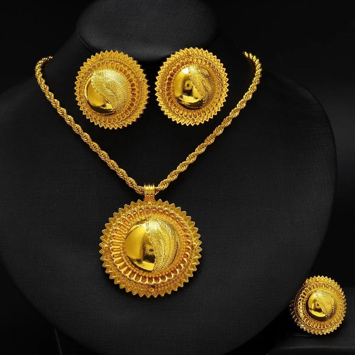 Eritrean Ethnic Style Jewelry Set Gold Color Necklace Pendant Ring Earring  Ethiopian Bride Traditional Wedding Jewelry Gift
