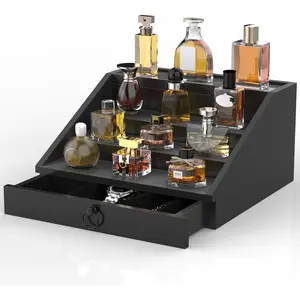 Wooden Cologne Organizer for Men 4 Tier Cologne Stand Shelf Perfume Organizer with Velvet Lined Drawer & Hidden Perfume Display Holder for Dresser Nice Gift (Classy Black)