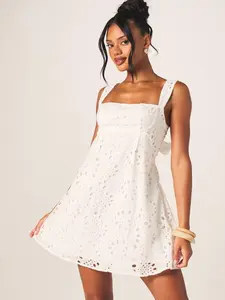 MISSGUIDED White Embroidered Eyelet Square Neck Mini Dress