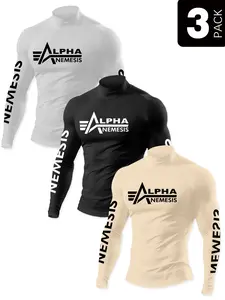 Men's Alpha Nemesis Graphic High Neck Long Sleeve Shirt Top 3 Pack, Casual Streetwear, Comfortable Stretch Fabric, Fall Fashion