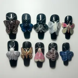 Gothic Dark Moth Press On Nails, 3D Sculpted Orchid & Butterfly Wings, Black Coffin Fake Nails, Luxury Handmade Custom Witchy Set