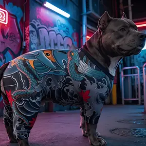 Japanese-Style Tattoo Print Dog Jumpsuit — Full-Body, Four-Legged Outfit — Breathable, High-Stretch Pet Pajamas — Dragon Print Design — Suitable for French Bulldogs, Corgis, and Medium-Sized Dogs