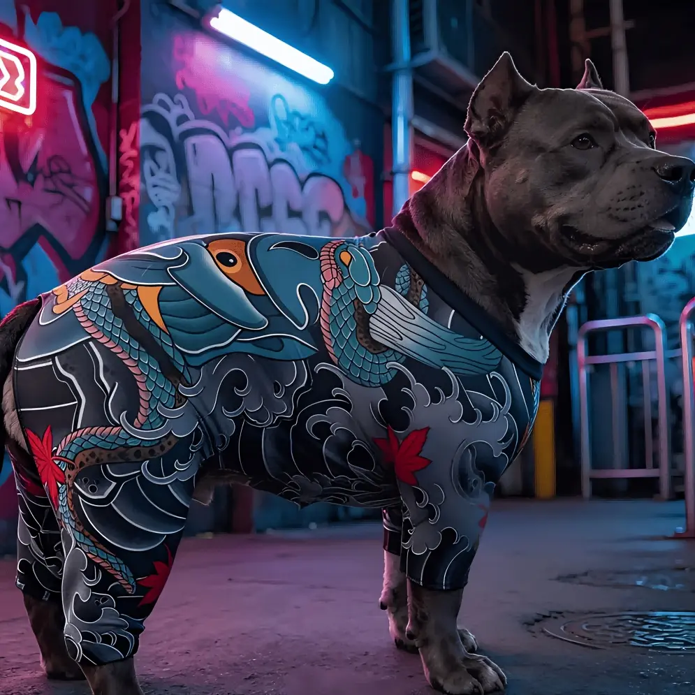 Japanese-Style Tattoo Print Dog Jumpsuit — Full-Body, Four-Legged Outfit — Breathable, High-Stretch Pet Pajamas — Dragon Print Design — Suitable for French Bulldogs, Corgis, and Medium-Sized Dogs
