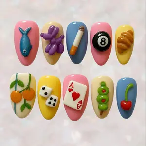 Playful 3D Press On Nails, Quirky Mixed Design Nail Set, Summer Food Balloon Art Tips, Handmade Cute Nail Set, Gift for Her