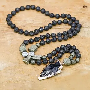 Natural Retro Black Obsidian Arrowhead Pendant Lava Rock Pyrite Meditation Beaded Healing Protection Women Men Viking Necklace