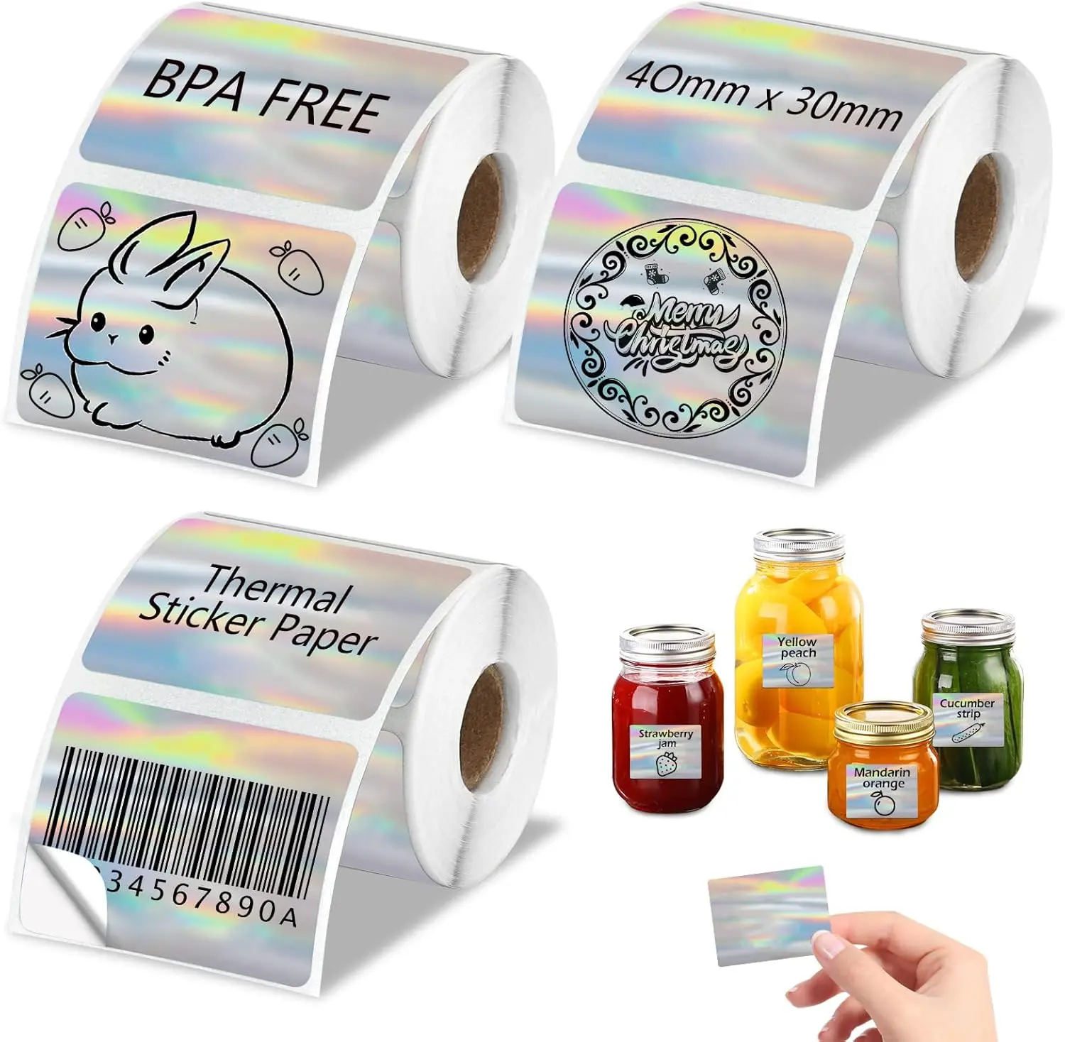 3 Rolls Holographic Thermal Labels 40*30mm Square Sliver Custom Sticker for  M110/M220/M120/M221,for SUPVAN T50M PR0 Label Maker Printer  Label Paper for Name,Logo,Barcode