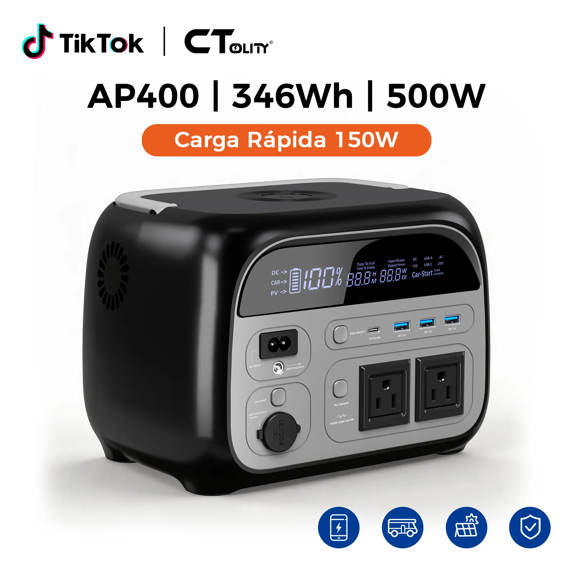 [Summerfinds]CTOLITY AP400 Estación de Energía Portátil 500W 346Wh Generador Solar Portátil para Hogar Apagones y Emergencias Batería de Respaldo con Carga Rápida para Camping, RV, Viajes, Outdoor y Power Outage Backup