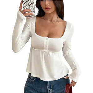 Women's Babydoll Tops Long Sleeve Henley Shirts Cute Square Neck Coquette Peplum Top