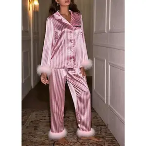Women's 2 Piece Satin Lounge Set Long Sleeve Lapel Stripe Print Shirt Pants Sleepwear