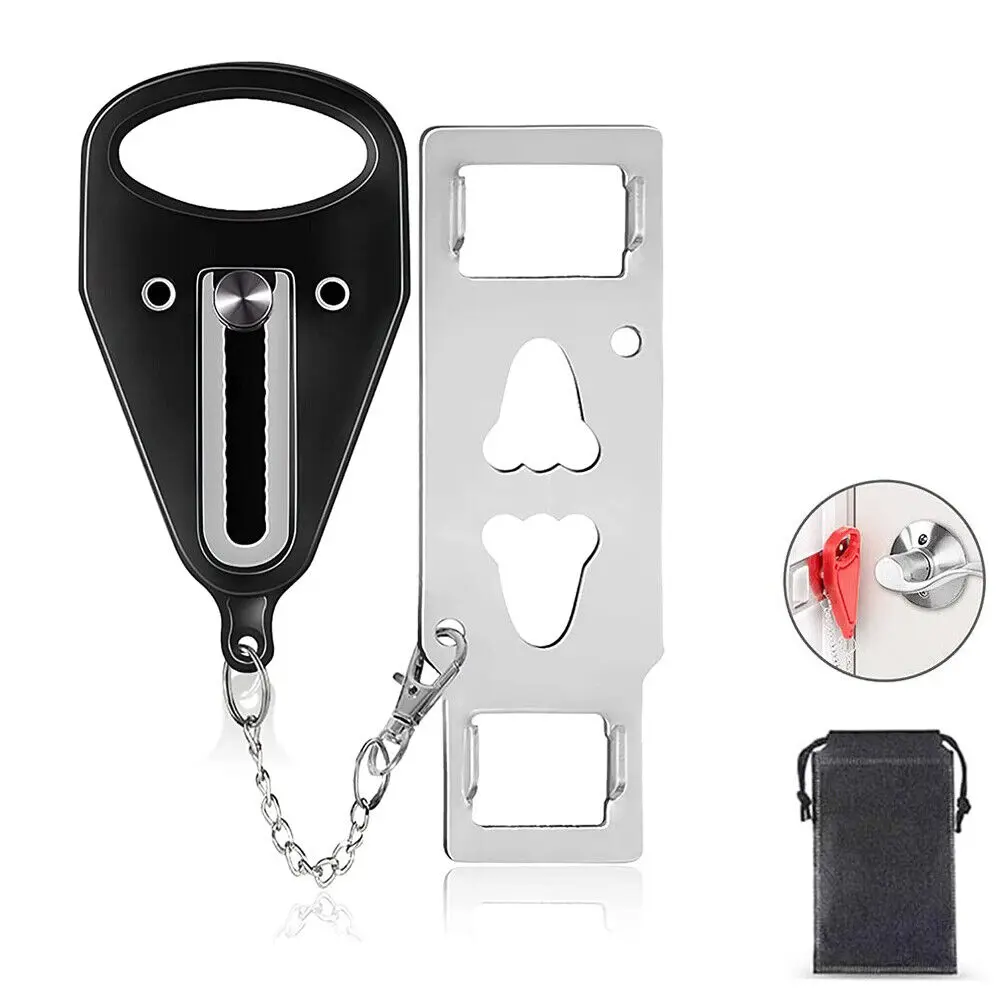 Portable Door Lock W/ Pouch Security Device for Travel, Home, Hotel, Black