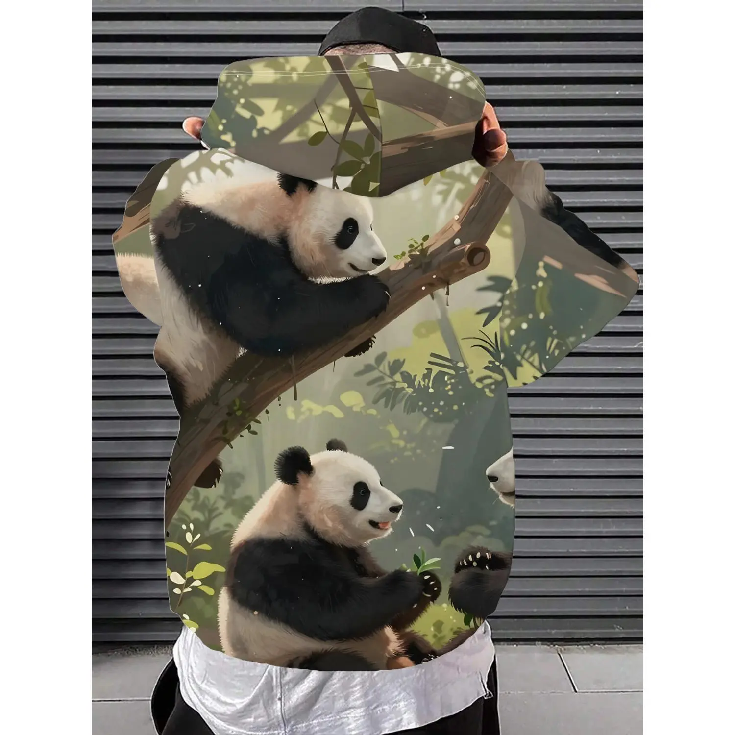 Unleashing Urban Fashion: Dynamic Panda Trio Streetwear Pullover Hoodie - One Climbing, Two Relaxing, Alive with Style