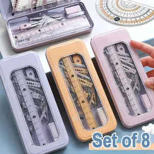 8pcs Set of Measuring Rules for Students Including Compass Measuring Angle Ruler Triangular Ruler Measuring and Drawing Complete Set of Measuring and Stationery Gift Package