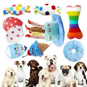 9PCS Pet Dog Birthday Toy Set Pet Grinding Teeth Plush Toy Durable Chew Toy for Dog Interactive Supply Includes Cake Hat, Bandana,Dessert Themed Toys,Balloons