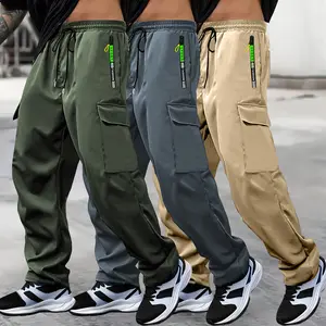 3pcs Men's Cargo Pants with Zipper Pockets Drawstring Elastic Waist, Large Side Pockets,  Suitable for Casual Daily Wear and Sports, Sports Pants, Workwear Essentials,Everyday Comfort