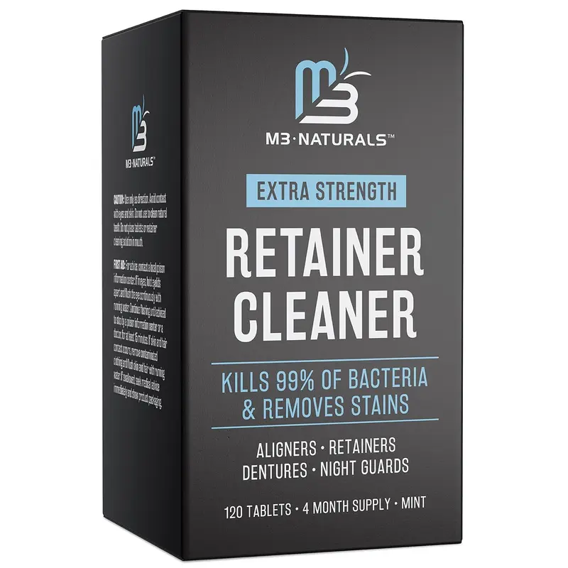 M3 Naturals Extra Strength Retainer Cleaner Tablets - 120 Mint Whitening Oral Cleansing Tablets for Dentures, Aligners & Mouth Guards - Kills 99% of Bacteria, Removes Tough Stains, Restores Brightness - Daily Ultrasonic Dental Hygiene Aid