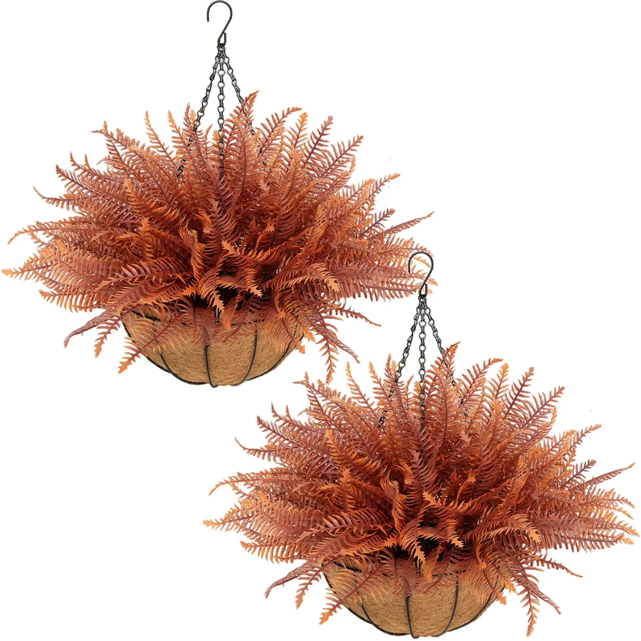2 Pcs Outdoor Artificial Autumn Fern Hanging Basket — Includes Hanging Basket and Faux Fern Foliage; UV-Resistant Faux Fern Planter, Ideal for Outdoor Patios, Porches, Gardens, and Home Decorr