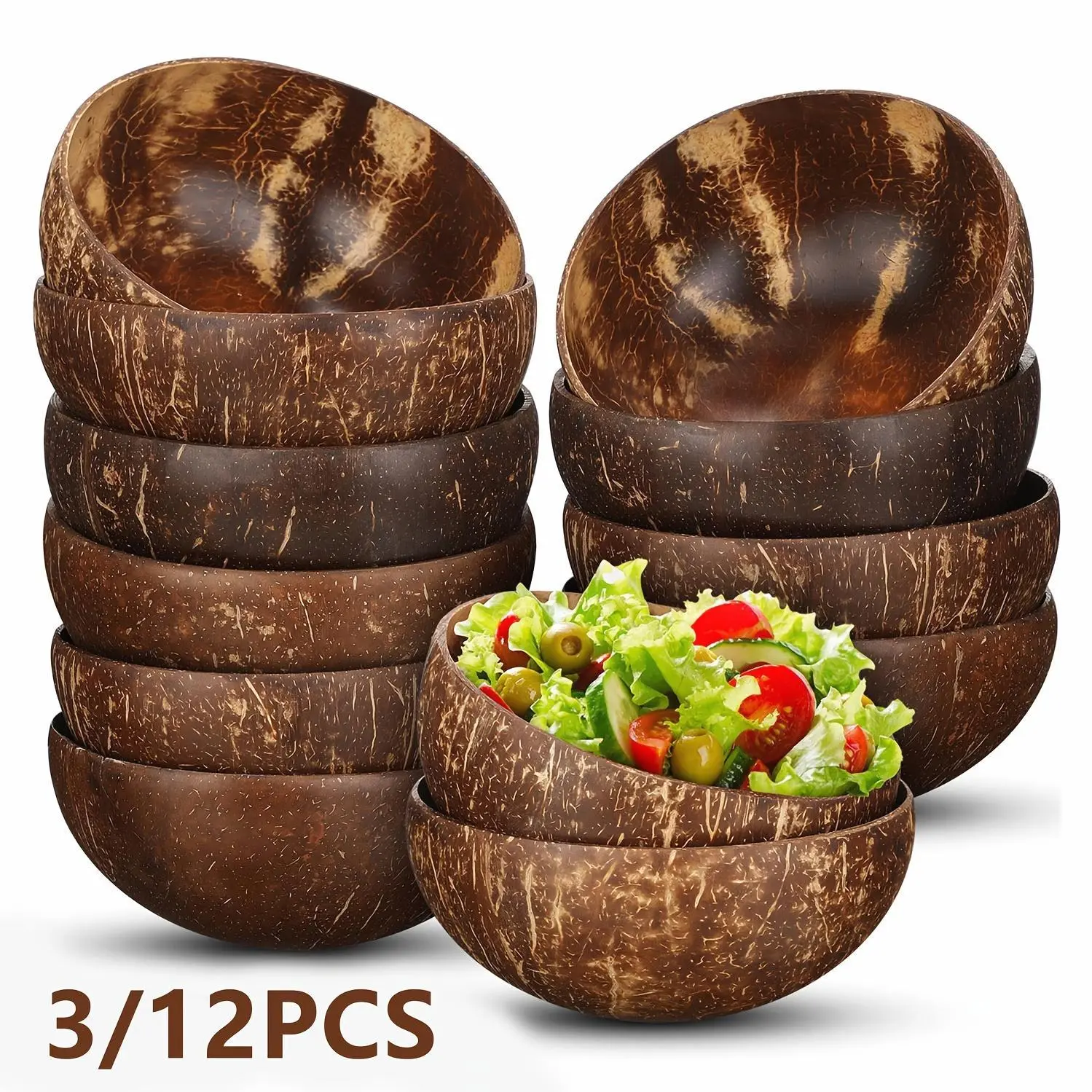 Coconut Shell Bowls Polished Wooden Bowls Natural Smoothie Acai Bowls Salad Bowls for Smoothie, Acai, Fruit, Salad & Yogurt - Perfect Decorative And Serving Bowls, Vegan Gifts Kitchen Decorcc, Rustic Kitchen Decor (3/12pcs, Polished)