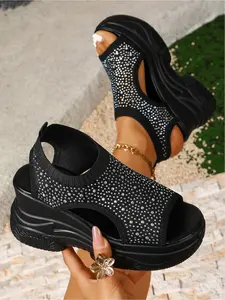 Women Wedge Sandals, Fashionable Wedge Shoes, Rhinestone Knit Platform Sandals, Glitter Decorated Sandals, Summer Thick Sole Casual Shoes, Elastic Slingback Sneaker Sandals