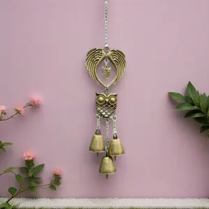 Handcrafted Antique Bronze Owl Wind Chime with Angel Wings & Bells for Garden Window Outdoor Home Decor Rustic Ornament Gift