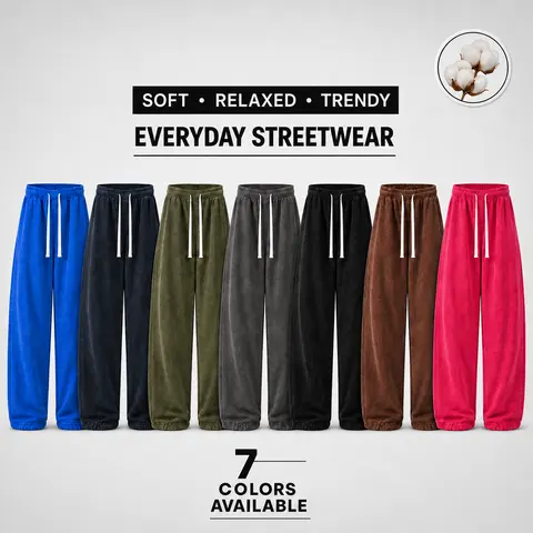 Men’s solid-color drawstring pants with a curved blade design — casual and comfortable, loose fit, thick and warm, street-style men’s long pants suitable for everyday wear.