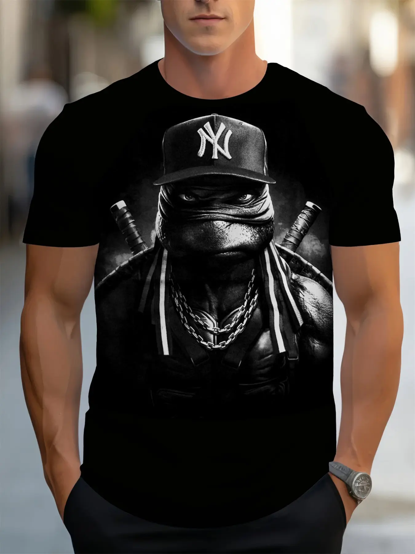 Single Short Sleeve Classic Casual Ninja Turtle Print Round Neck Fitted T-Shirt, Summer Daily Wear, Trendy Fashion Top for Men