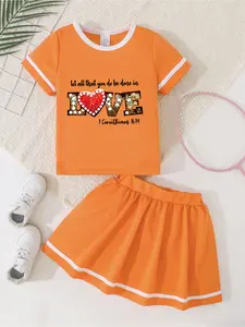 Two-piece set for girls in summer tennis and badminton T-shirt and skirt combination, round neck with contrasting trim short sleeves  high-waisted short skirt, casual two-piece single set, T-shirt with cartoon iron-on pattern paired with summer half skirt