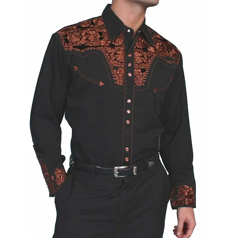 Scully® Men's Floral Tooled Embroidered Western Black Shirt P-634-BLK