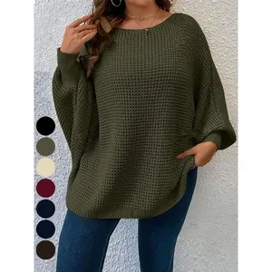 Plus Size Solid Batwing Sleeve Boat Neck Sweater, Fall Outfits? Casual long-sleeve jumper for autumn, women’s plus-size clothing for everyday wear? Back To School Outfit