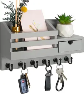 Fifthquarter Key and Mail Holder for Wall, Mail Organizer Wall Mount with 6 Hooks and Storage Drawer, Easy Installation Key Rack for Entryway and Home Decor (A-Grey) FifthQuarter