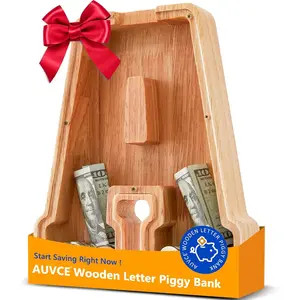 Wooden Piggy Bank - Large Wood Money Box for Kids - Letter Money Bank, Educational Gift for Baby Shower, Birthday & Nursery (A)
