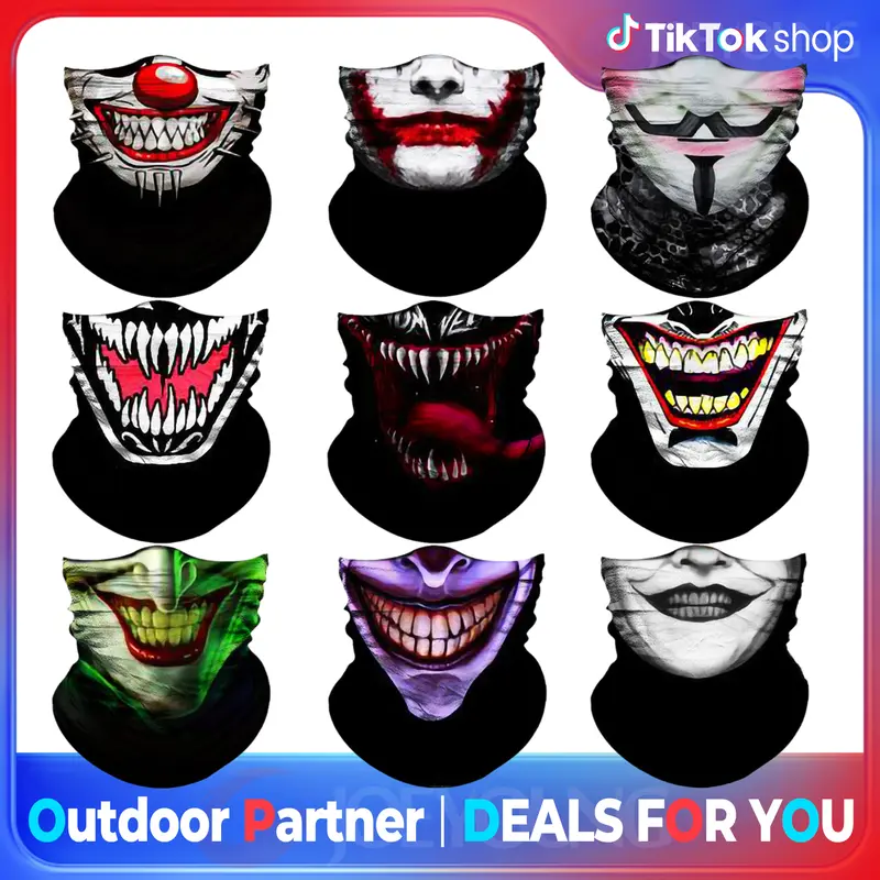 Summerwins 9-Pack Skull Demon Bandana Masks - Elastic Quick-Dry Microfiber Face+Head Wrap, 18.5x9.8in, 20.5-24.5in Stretch Fits Most Heads, Men's Fashion Accessory (Halloween, Fishing)