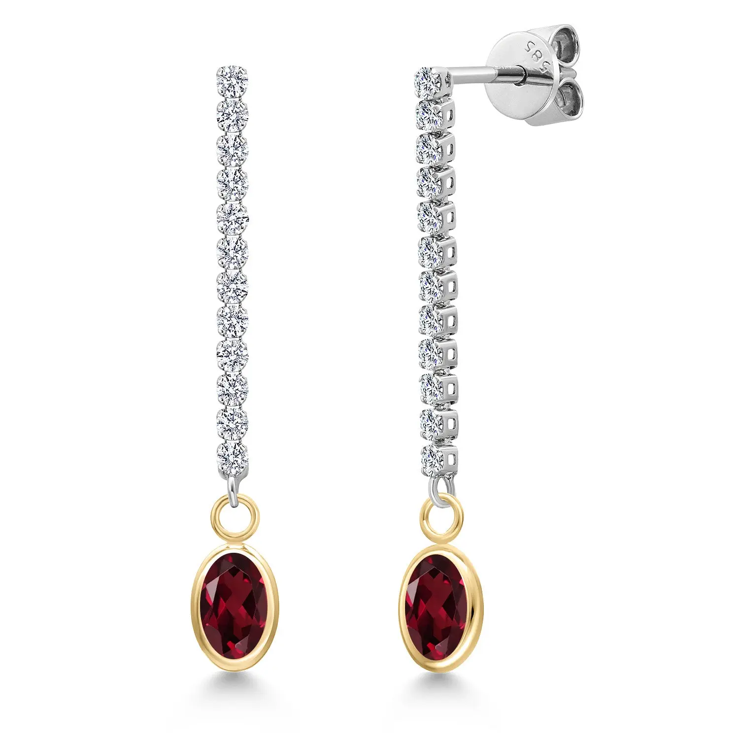 14K Two Tone Gold Gemstone Birthstone and Lab Grown Diamond Long Liner Chain Dangle Earrings for Women | Oval 6X4MM and Round 1.5MM Accents | Gold Chain Drop Earrings