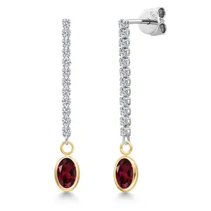 Gem Stone King 14K Two Tone Gold Gemstone Birthstone and Lab Grown Diamond Long Liner Chain Dangle Earrings for Women | Oval 6X4MM and Round 1.5MM Accents | Gold Chain Drop Earrings