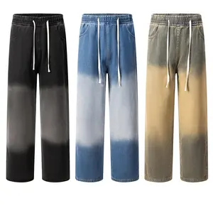 Men’s summer American-style washed distressed jeans—fashionable, versatile, retro gradient denim! Elastic waistband + straight wide leg, figure-friendly men’s long pants — casual commuter basic men’s jeans