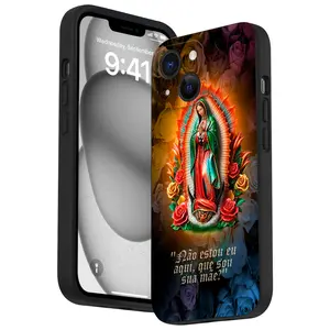Straight Edge Rose Virgin Mary Pattern Phone Case for iPhone 17 Air 16 15 14 Pro Max 13 12 11 X XS Plus Shockproof Full Camera Protective Durable slim Silicone Cover Protector Casing, Can be given as a gift to friends or family.