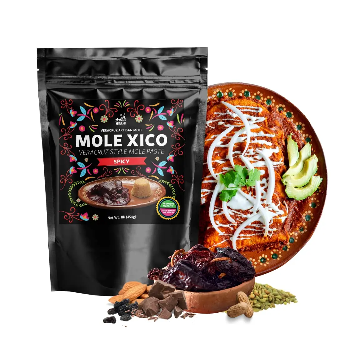 Yerbero - Authentic Artisan Mole Xico Veracruz 1.1 Lb (455gr) | Artesanal Mole Veracruzano (Sweet & Spicy Flavors) | Premium Quality Ingredients, All Natural, No GMO´s, No Additives. Imported From Veracruz Mexico. (Spicy Xico Mole)