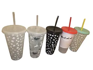 Cold-Activated Color Changing Cups 5 Pack 24 oz Non-BPA Free Festive Christmas Party Reusable Washable Portable Tumbler Bottle Drinkware Bottled