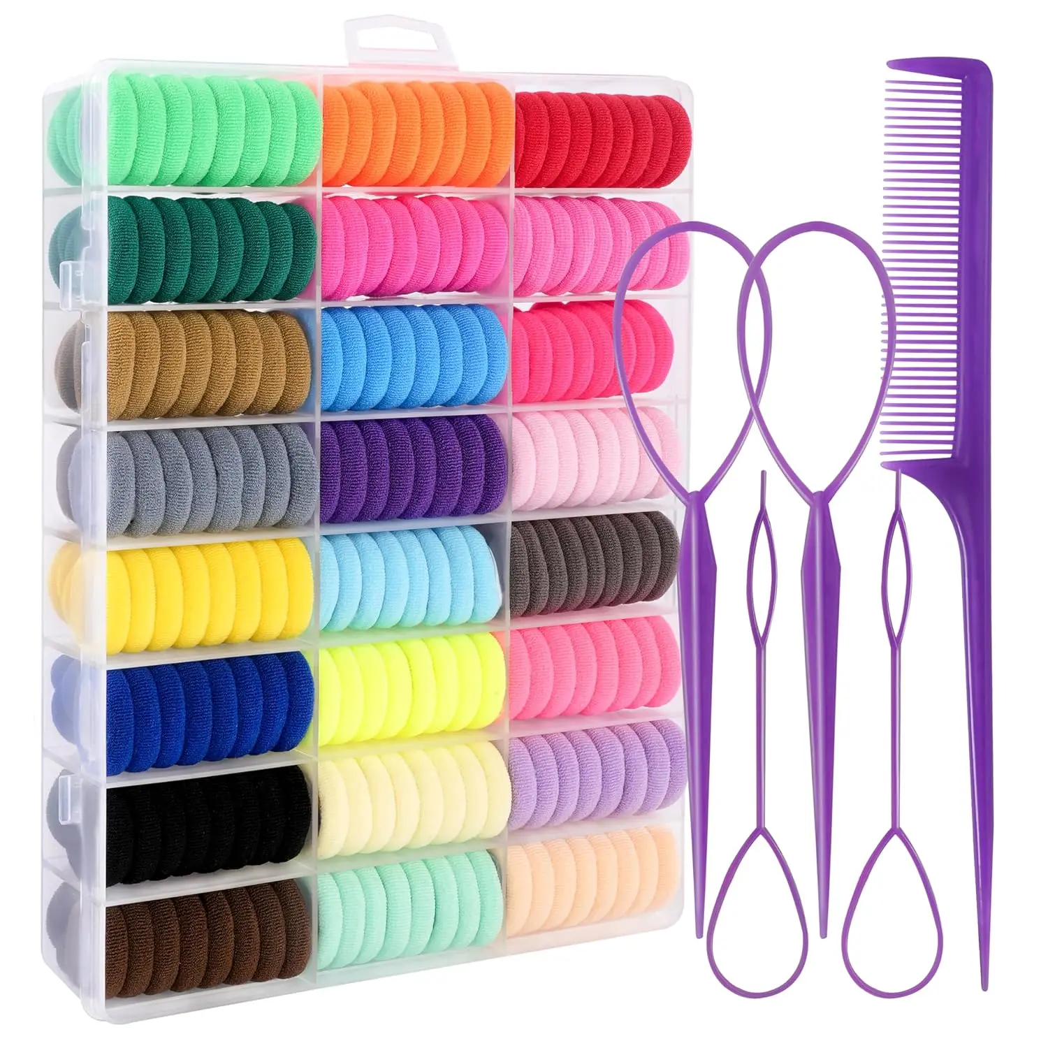 Halloween Fall Gift 360 Pcs Hair Ties, 24 Colors Cotton kids girls Hair Ties with Organizer Box, 1 Inch Seamless Baby Hair Bands for Girls, Soft Elastic Ponytail Holders with 5 Hair Loop Styling Tools