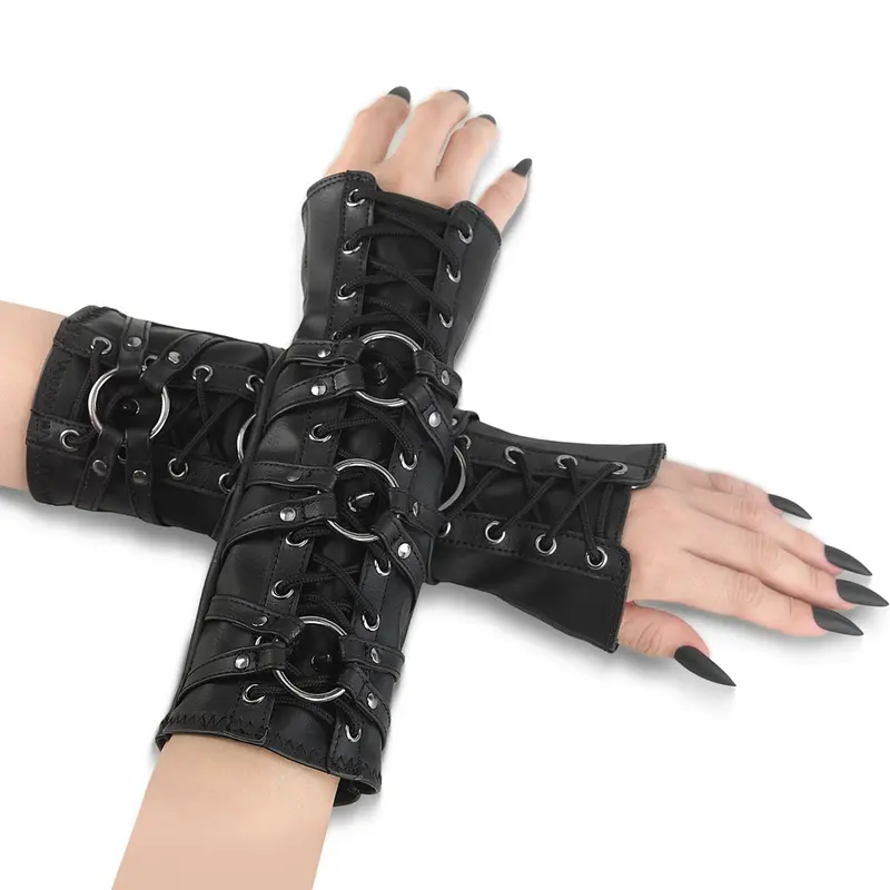 Demonia Stretch Faux Leather Ornamental Arm Warmer Pair - Eyeletted Design, Flat Studs, Criss-Cross Lace-Up Straps, O-Ring Center Fashion Accessory Bracelet