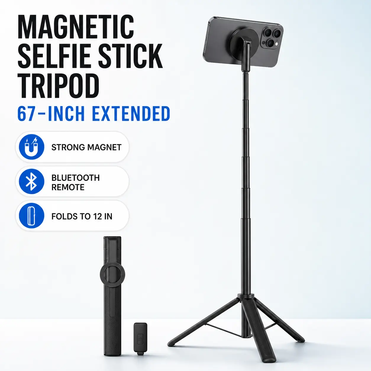 MREGB Upgraded 4-in-1 Magnetic Selfie Stick with Wireless Remote, 360° Rotating Magnetic Phone Tripod, Extendable Handheld Selfie Stick, Foldable Phone Stand & Camera Grip for iPhone MagSafe, Android, Vlogging, Live Streaming & Travel