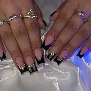 Black French Tip Press on Nails Medium Square Fake Nails with 3D Silver Metal Bow Charms Design Rhinestone False Nails Cute Bowknot Acrylic Nails Y2K Artificial Stick on Nails for Women 24Pcs